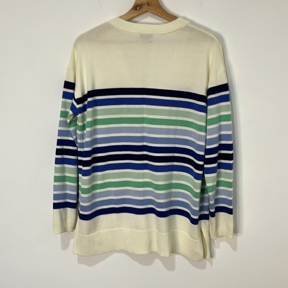 Talbots Womens Sweater Cardigan Size M Cream & Blue Stripes Academia Preppy Boxy - Picture 3 of 14